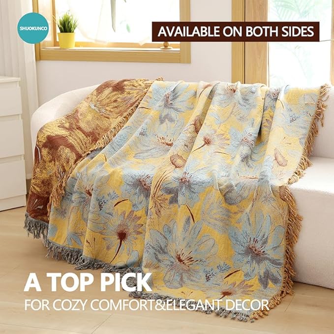 Boho Cotton Throw Blankets for Bed Couch, 100% Soft Cozy Cotton Blanket Rustic Quilt 60"x80", Reversible Muslin Farmhouse Blankets for Armchair,Picnic,Sofa,Couch