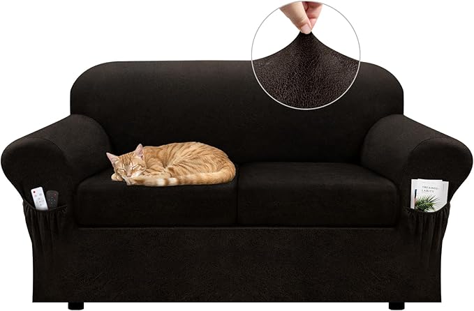 Loveseat Slipcover with Armrest Pockets 3-Piece Set, Stretch Faux Leather Love Seat Covers for 2-Cushion Couches(Fits 58-66") - Non-Slip, Machine Washable, Pet & Kid Friendly - Coffee