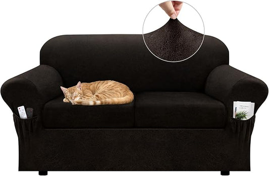Loveseat Slipcover with Armrest Pockets 3-Piece Set, Stretch Faux Leather Love Seat Covers for 2-Cushion Couches(Fits 58-66") - Non-Slip, Machine Washable, Pet & Kid Friendly - Coffee