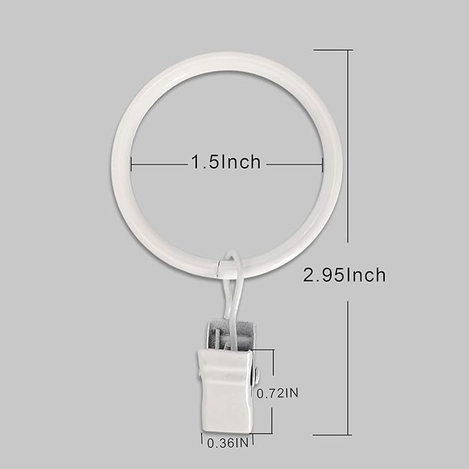 60 Pack Metal Curtain Rings with Clips, Curtain Clip Rings Hooks for Hanging Drapery Drapes Bows, Curtain Rod Rings 1.5 inch Interior Diameter, White