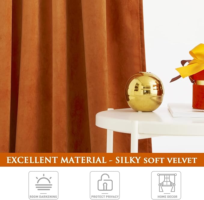 StangH Pumpkin Orange Velvet Curtains - Holiday Decoration for Parties, Room Darkening Thermal Insulated Velour Drapes for Bedroom/Theater/Office, W52 x L84, 2 Panels