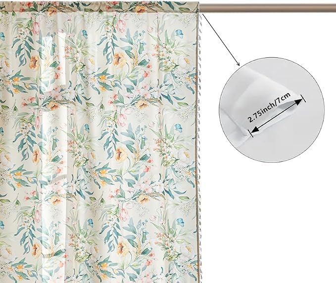 Boho Floral Curtains French Country Farmhouse Curtains 72 Inches Long Light Filtering Window Rod Pocket Drapes for Living Room 2 Panels-Green Floral