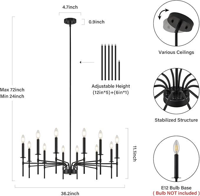 Black Farmhouse Chandeliers, 12 Light Modern Chandelier Light Fixture, Dining Room Chandelier Lighting for Living Room Staircase Bedroom Foyer Kitchen Entryway