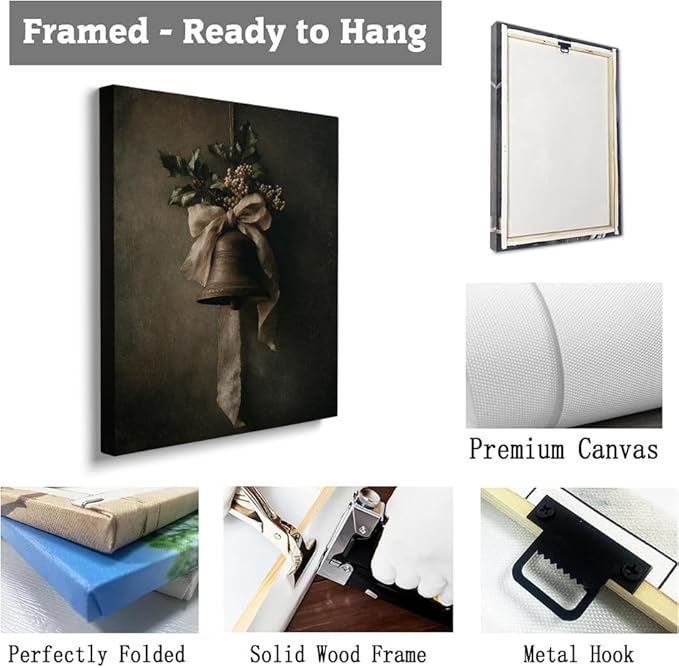 Moody Christmas Bell Prints,Antique Holiday Wall Art,Rustic Winter Decor,Holly Ribbon Painting,Farmhouse Kitchen Christmas Print
