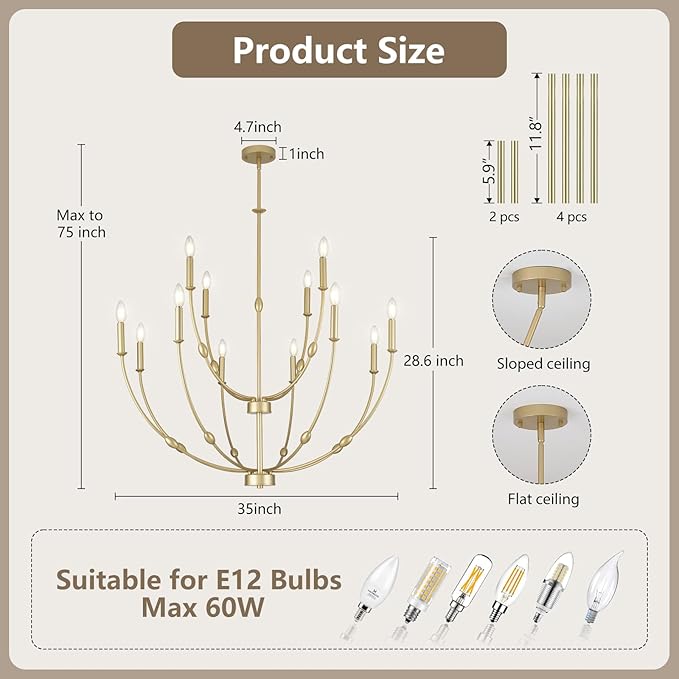 Large Gold Chandelier Light Fixture, 2 Tier 12-Lights Long Chandeliers for High Ceilings, Modern Candle Chandelier for Living Room Foyer Entryway