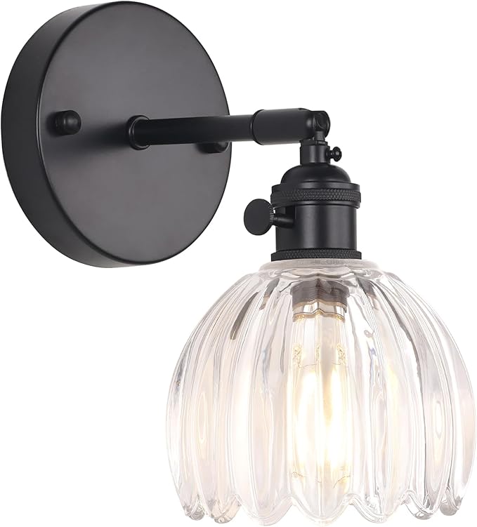 Vintage Wall Sconce with Cute Transparent Tulip Glass Lampshade 180 Degree Adjustable Black Sconce Hradwired Modern Wall Lighting Fixture with Switch for Bedside Bedroom Doorway
