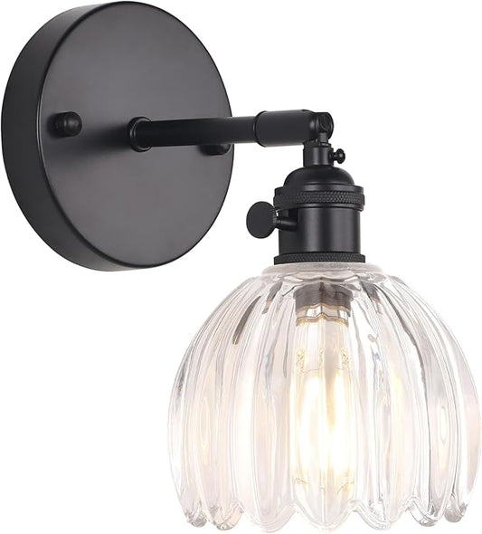 Vintage Wall Sconce with Cute Transparent Tulip Glass Lampshade 180 Degree Adjustable Black Sconce Hradwired Modern Wall Lighting Fixture with Switch for Bedside Bedroom Doorway