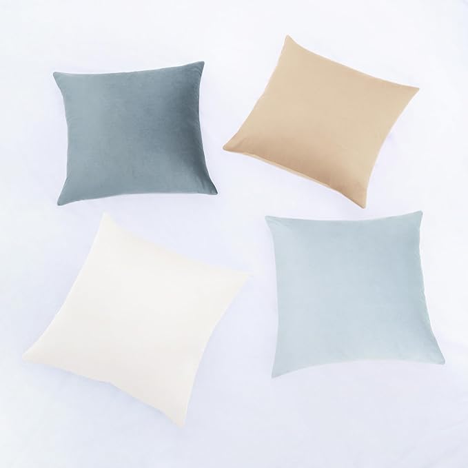 MONDAY MOOSE Decorative Throw Pillow Covers Cushion Cases, Set of 4 Soft Velvet Modern Designs, Mix and Match for Home Decor, Pillow Inserts Not Included (18x18 inch, Beige/Light Blue)