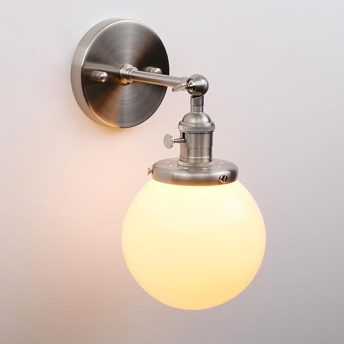 PERMO Vintage Industrial Wall Sconce with 5.9" Round Globe Milk White Glass Hand Blown Shade Brushed Nickel Sconces with E26 Bulb Base Hardwired Wall Light Fixtures