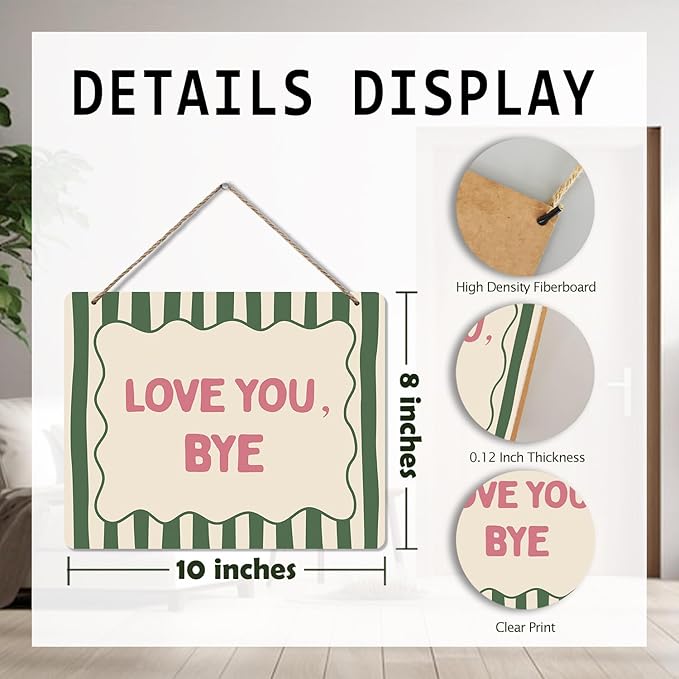 Udinaz Love You Bye Hanging Sign, Girls Room Wall Decor, Trendy Preppy Green Striped Aesthetic Hanging Wood Plaque Decor for Girly Bedroom Dorm Apartment Wall Door Decorations