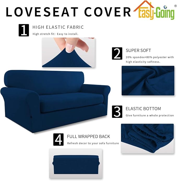 Easy-Going 2 Pieces Microfiber Stretch Sofa Slipcover – Spandex Soft Fitted Sofa Couch Cover, Washable Furniture Protector with Elastic Bottom Kids, Pet (Loveseat, Navy