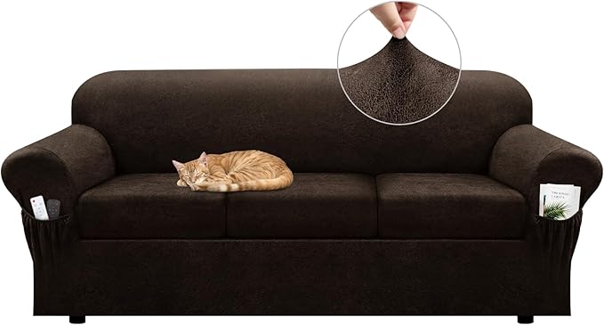 Sofa Slipcover with Armrest Pockets 4-Piece Set, Stretch Faux Leather Couch Cover for 3-Cushion Couches(Fits 72-92") - Non-Slip, Machine Washable, Pet & Kid Friendly - Dark Brown
