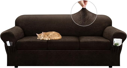 Sofa Slipcover with Armrest Pockets 4-Piece Set, Stretch Faux Leather Couch Cover for 3-Cushion Couches(Fits 72-92") - Non-Slip, Machine Washable, Pet & Kid Friendly - Dark Brown