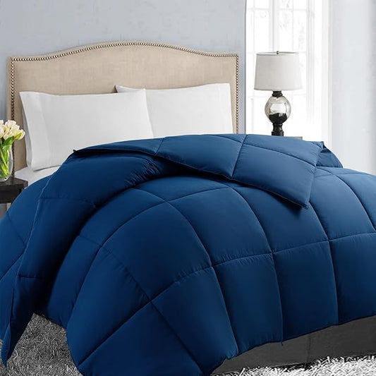 EASELAND King Size Down Alternative Comforter - Quilted Duvet Insert for All Seasons, Soft Lightweight with Corner Tabs, Summer Winter Warm Bedding, Navy 90x102 Inches
