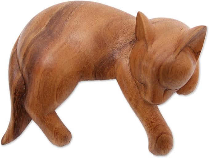 NOVICA Handmade Suar Wood Sculpture | Artisan Crafted Natural Finish | Rustic Home Decor Accent | Carved Arborvitae | Animal Themed ' Relaxed Cat' 4.7" H x 6" W x 3.1" D