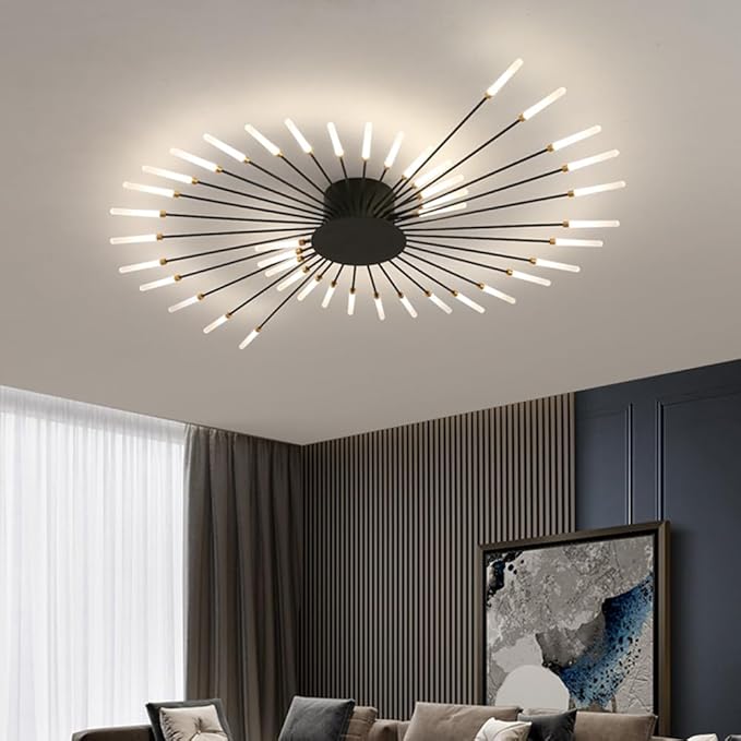 JAYMP Ceiling Light Modern Flower Shape Ceiling Lamp for Living Room Dining Room Flush Mount Metal Acrylic Sputnik Firework Petal LED Lighting Fixture (Matte Black, 42 Lights)