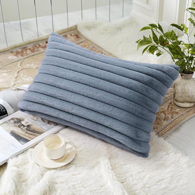 decorUhome Faux Fur Christmas Throw Pillow Covers 12x20 Set of 2, Decorative Soft Plush Striped Neutral Couch Euro Pillow Covers with Velvet Back for Sofa, Bed, Living Room Home Decor, Grey Blue