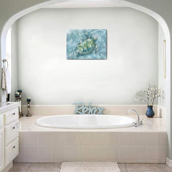 YJYart Bathroom Wall Decor Canvas Wall Art for Bedroom Sea Turtle Pictures Blue Coastal Room Decorations Artwork Green Turtle Wall Decorations 16” x 24”