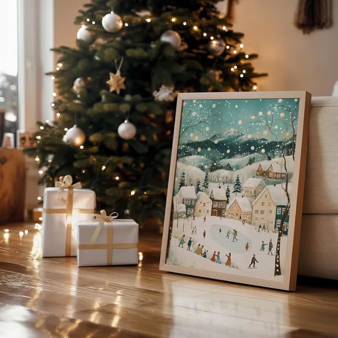 OZCONO Christmas Village Wall Art for Holiday Home Decor, Farmhouse Art, Pastel Winter Landscape Artwork, Snowy Town Scene, Cottagecore Xmas Print (Unframed) (12x18)