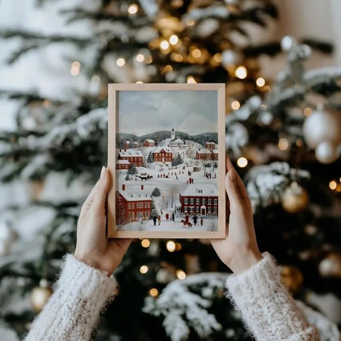 OZCONO Vintage Christmas Village Wall Art for Holiday Farmhouse Decor, Cozy Winter Town Scene Artwork, Classic Snowy Christmas Decoration, Noel Seasonal Print (Unframed) (27x40)