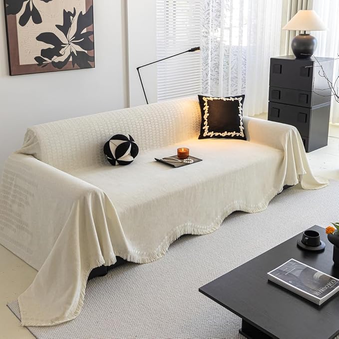 ROOMLIFE Boho White Couch Cover for Dogs, Washable Non Slip Furniture Protector Couch Sofa Covers for 3 Cushion Couch, Soft Chenille Couch Cover Throw Blanket with Tassels 71''X118''