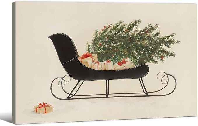 Winter Holiday Sleigh Canvas Wall Art Vintage Christmas Tree Poster Retro Botanical Pine Tree Sketch Painting Prints 16x24 inch Framed for Living Room Bedroom Wall Decor