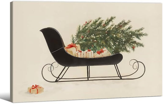 Winter Holiday Sleigh Canvas Wall Art Vintage Christmas Tree Poster Retro Botanical Pine Tree Sketch Painting Prints 24x36 inch Framed for Living Room Bedroom Wall Decor