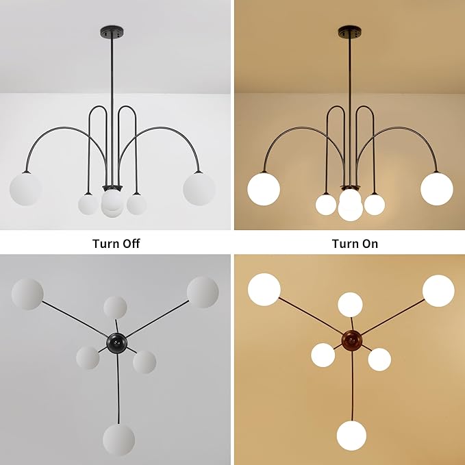 Black Sputnik Chandelier,6 Lights Modern Chandelier for Dining Room Mid Century Chandelier Large L49” Ceiling Pendant Light Fixtures with Milk Glass Globe Shades for High Ceiling Foyer Living Room