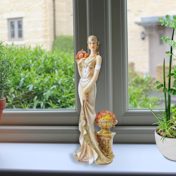 Comfy Hour Glamour Elegance Victorian Style Lady Collection Elegant Slim Lady Holding A Bunch of Flowers Collectible Figurine, 13-inch Height, Gold, Polyresin