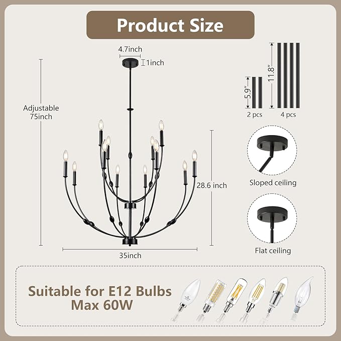 12-Lights Black Farmhouse Chandelier for Living Room, 35 Inch 2-Tiers Large Chandeliers for High Ceilings, Modern Rustic Candle Chandelier for Foyer Entryway