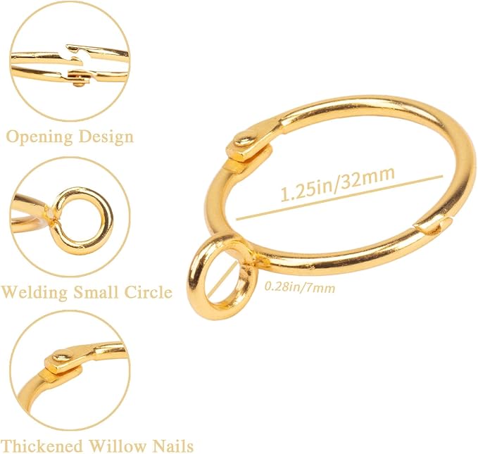 Openable Curtain Rings with Eyelet,24PCS Curtain Rings,Drapes Rings 1.25 in Interior Diameter,Hinge Snap-Joint Design, Fits Curtain Rods Up to 1 Inches Gold TXZWJZ