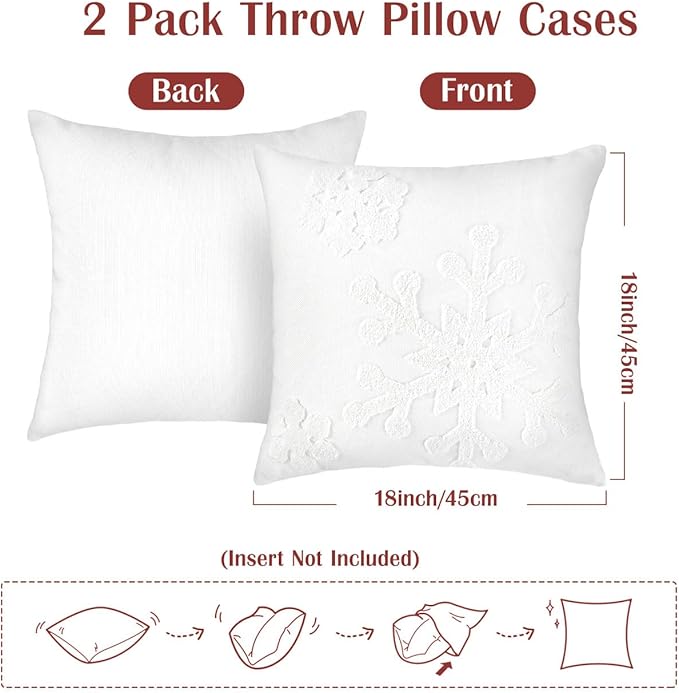 Lewondr Christmas Throw Pillow Cover, 2 Pack Snowflake Embroidery Decorative Throw Pillow Case Linen Sofa Cushion Cover for Party Thanksgiving Day Xmas Decor 18"x18"(45x45cm) - White