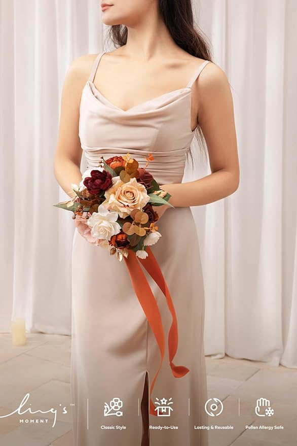Ling's moment Terracotta Bridesmaid Bouquet Burnt Orange Wedding Bouquets for Bridesmaids 7 Inch Bridal Bouquets for Bridesmaids Rust Wedding Decor Ceremony Anniversary Homecoming