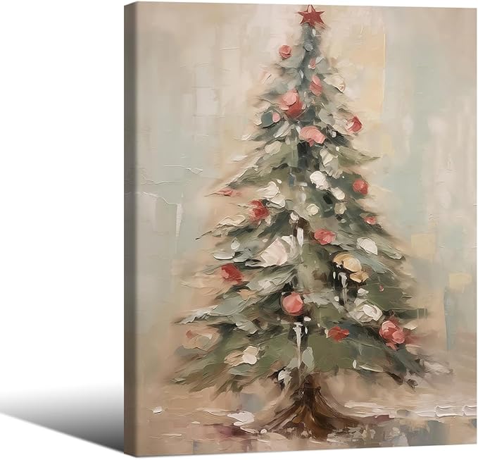 Winter Christmas Tree Wall Art Vintage Nature Botanical Pine Poster 08x10 inch Framed Forest Cottagecore Canvas Painting Prints for Living Room Office Wall Decor