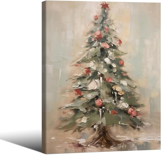Winter Christmas Tree Wall Art Vintage Nature Botanical Pine Poster 08x10 inch Framed Forest Cottagecore Canvas Painting Prints for Living Room Office Wall Decor