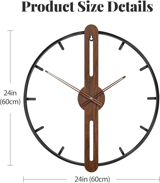 24 Inch Large Wall Clock for Living Room, Modern Silent Non Ticking Battery Operated Big Clock, Rustic Minimalist Wood Metal Frame Decorative Wall Clocks for Office, Bedroom, Kitchen