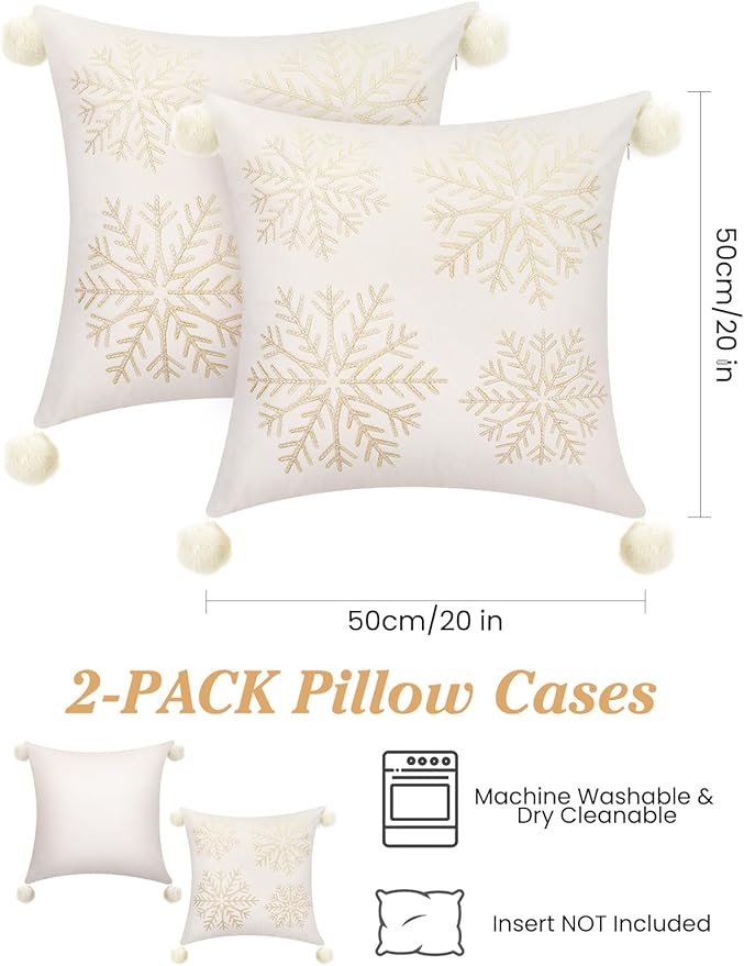 Lewondr Christmas Throw Pillow Covers, Snowflake Embroidery 20x20 Pillowcases Home Xmas Gold Decorative 2 Pack Cushion Covers Soft for Sofa Bed Chair, White&Yellow