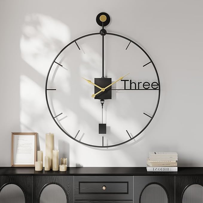 Cuspin Modern Large Wall Clock 24 inch with Pendulum, Battery Operated Silent Non-Ticking Metal Wall Clock for Living Room Decor, Decorative Hanging Clock for Bedroom, Office, Kitchen, Home