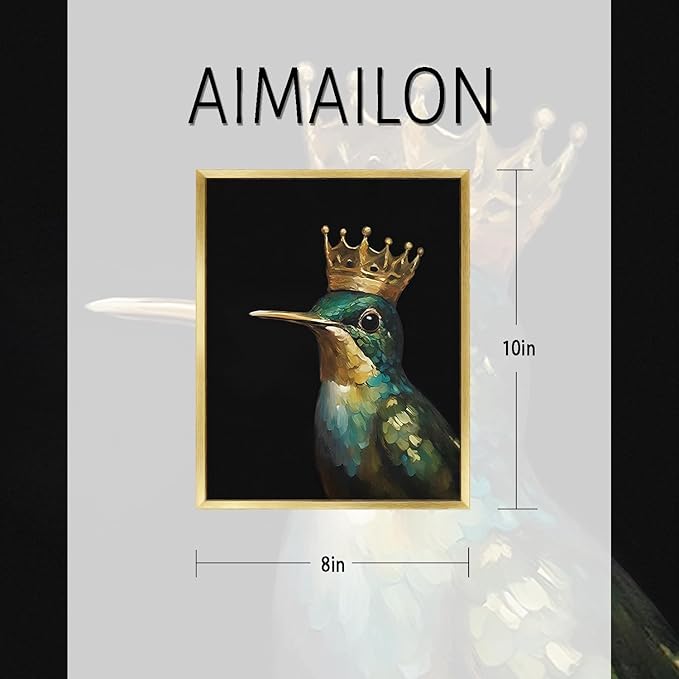 AIMAILON Vintage Gold Canvas Wall Art Framed Decor for Living Room - Hummingbird Birds King Wall Art, Retro Golden Wall Prints of Bird with a Crown, Modern Animal Bird Art Picture Bathroom Decor 8x10