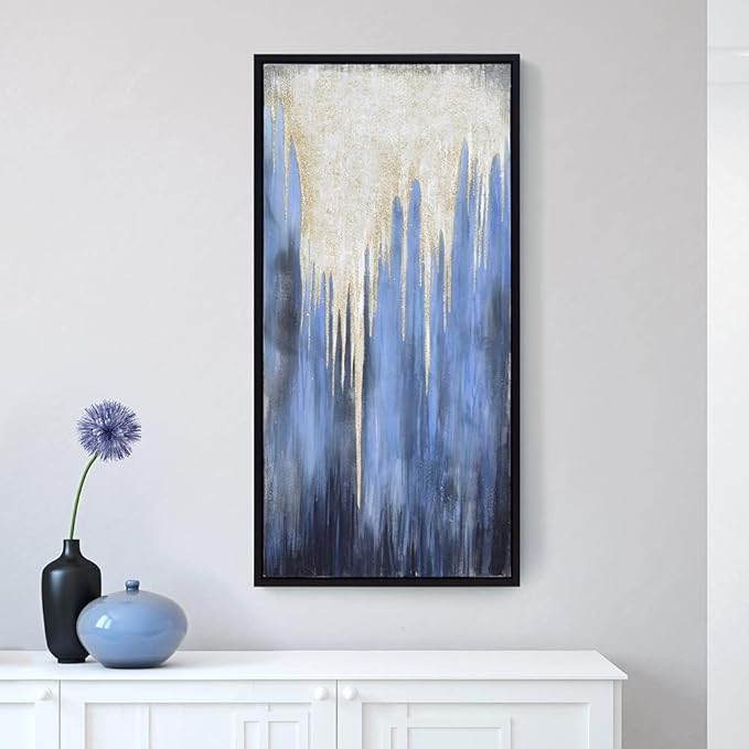 Empire Art Direct Abstract Wall Art Textured Hand Painted Canvas by Martin Edwards, Black Frame, 24" x 48", Snowy Drip 1