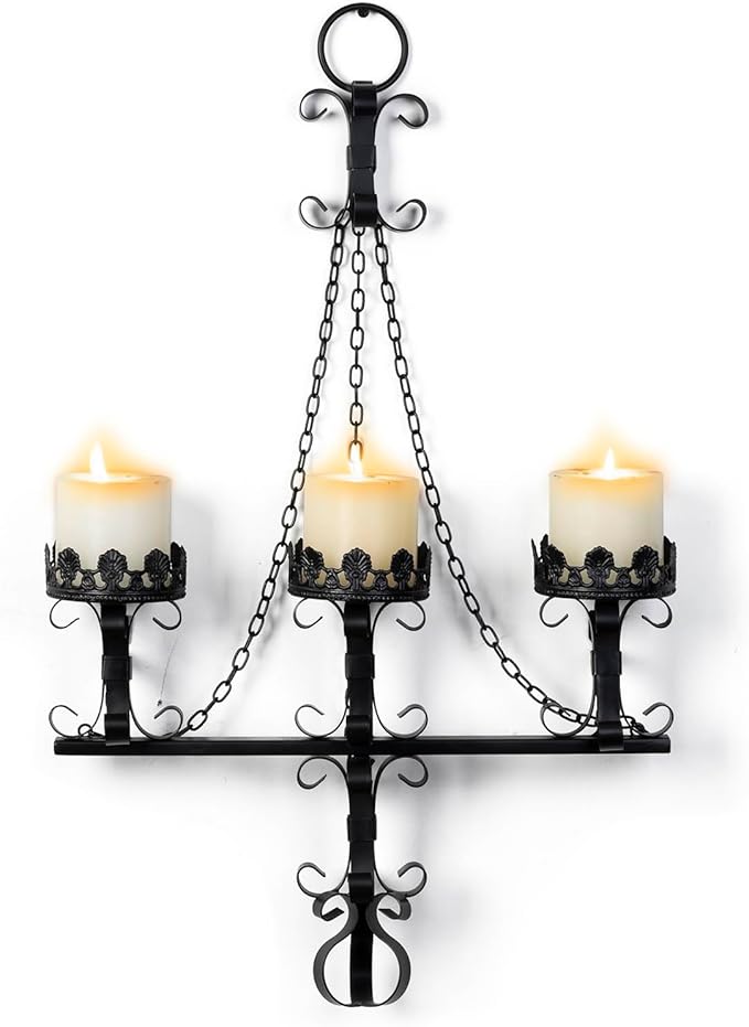 Black Wall Candle Sconces,3 Iron Candelabra,Gothic Victorian Decor,Rustic Wall Candle Holder for Bathroom,Living Room,Dining Room