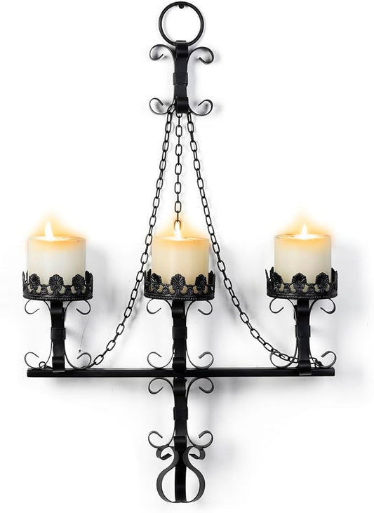 Black Wall Candle Sconces,3 Iron Candelabra,Gothic Victorian Decor,Rustic Wall Candle Holder for Bathroom,Living Room,Dining Room