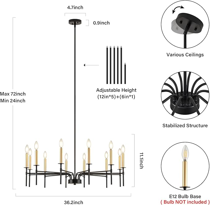 Modern Dining Room Light Fixture 12-Light,Farmhouse Black and Gold Chandelier, Metal Candle Chandeliers for Dining Room, Kitchen, Living Room, Bedroom, Foyer, Staircase, Entryway