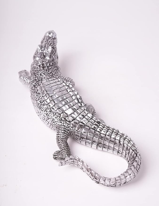HAUCOZE Crocodile Sculpture Statue Animal Figurine Geometric Decor Polyresin Silver 14 inch