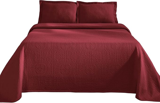 Superior 100% Cotton Basket Weave Bedspread with Shams, All-Season Premium Cotton Matelasse Jacquard Bedding, Quilted-Look Geometric Basket, Twin, Garnet