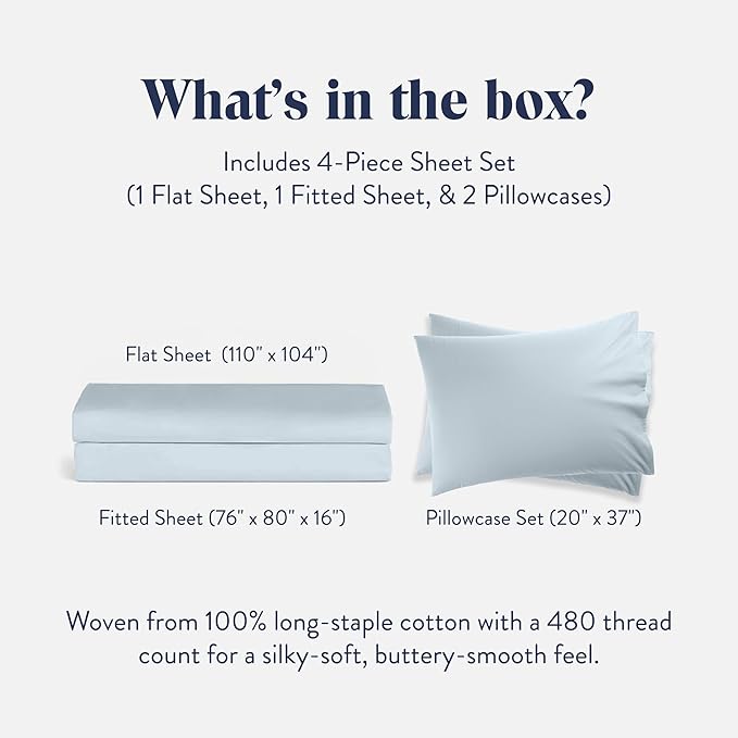 Brooklinen Luxury Sateen 4 Piece Sheet Set - 100% Cotton Bed Sheets, Soft & Durable King Size Sheets Set in Sky, Oeko-TEX Certified Bedding Set, 1 Fitted Sheet, 1 Flat Sheet, 2 Pillowcases