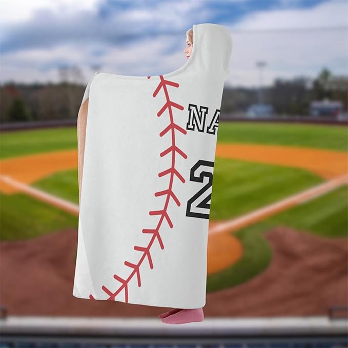 Personalized Baseball Hooded Blanket Custom Hooded Fleece Blanket with Name Softball Wearable Throw Blanket University Team Blanket Gift for Sports Fans Kids Women Adult Christmas, White