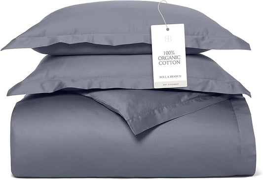 BOLL & BRANCH Signature Hemmed Duvet Set - King/Cal King, Mineral - Luxury 100% Organic Cotton - 1 Duvet Cover, 2 Shams - Buttery Soft, Hidden Closures