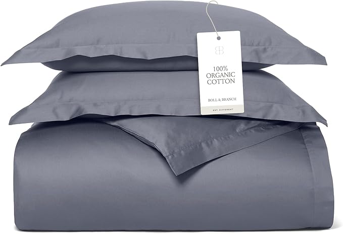 BOLL & BRANCH Signature Hemmed Duvet Set - Full/Queen, Mineral - Luxury 100% Organic Cotton - 1 Duvet Cover, 2 Shams - Buttery Soft, Hidden Closures