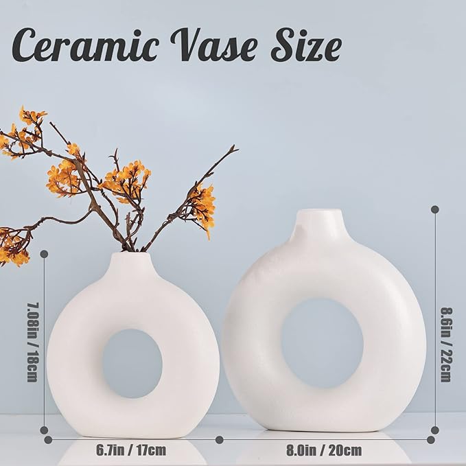 White Ceramics Vase for Home Decor,Minimalist Nordic Hollow Donut Vase Set of 2,Modern Boho Decor for Kitchen Table Centerpiece,Living Room,Fire Place,Bookshelf,Office,Entryway,Console